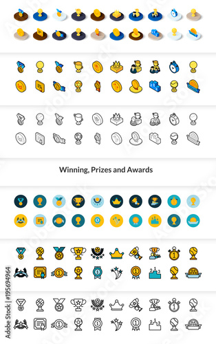 Set of icons in different style - isometric flat and otline, colored and black versions