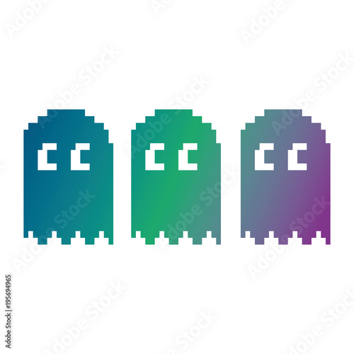 pixel character ghosts retro game arcade vector illustration blur background color gradient