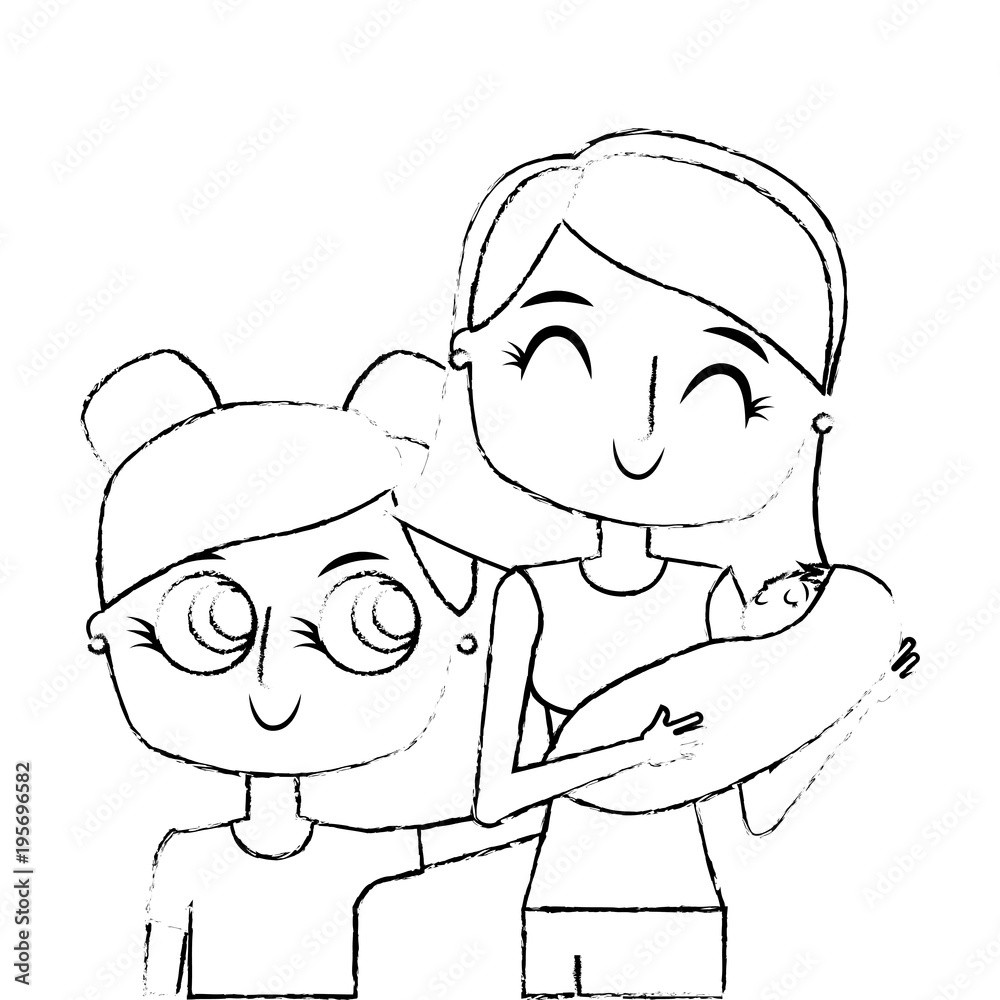 smiling mother is holding her little baby and daughter vector illustration green image sketch image