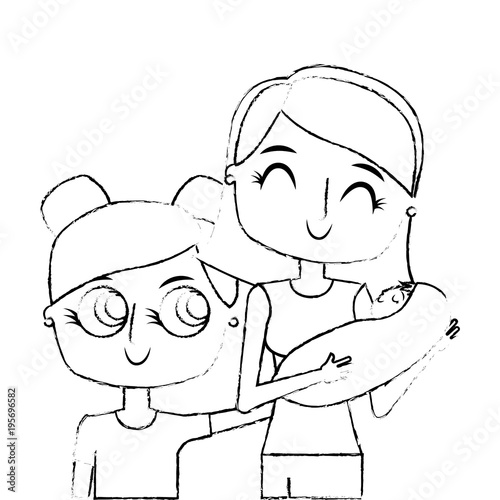 smiling mother is holding her little baby and daughter vector illustration green image sketch image