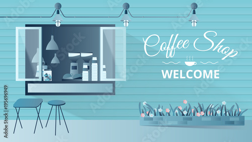 Small coffee shop facade, stylish exterior storefront design with copy space background, blue tone