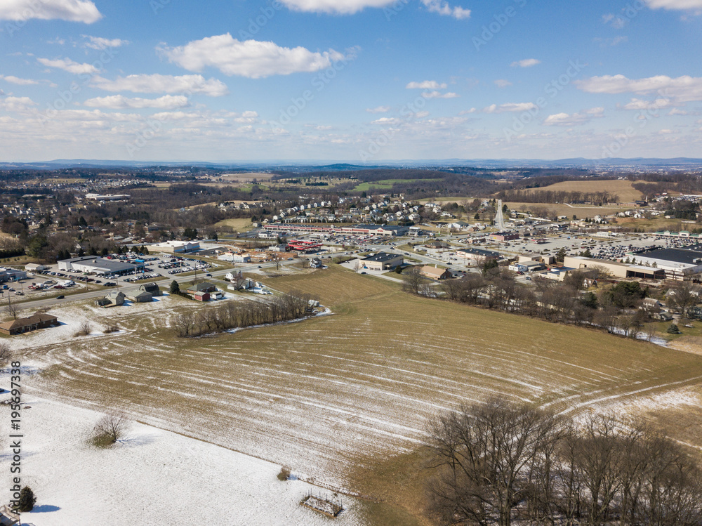 Aerial of Rural Farmland and Suburbs in Red Lion, Pennsylvania