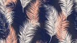 Seamless pattern, tropical palm leaves on dark purple background, blue tone