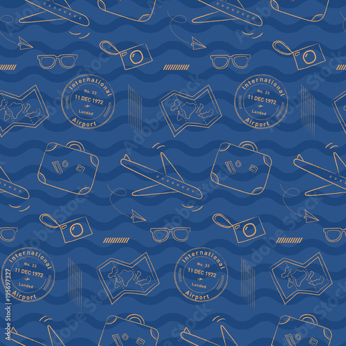 Doodle airplane travel pattern with wavy background. Playful, luxury, and flexible doodle pattern for brand who has fun style. The art vector graphic can be repeated.