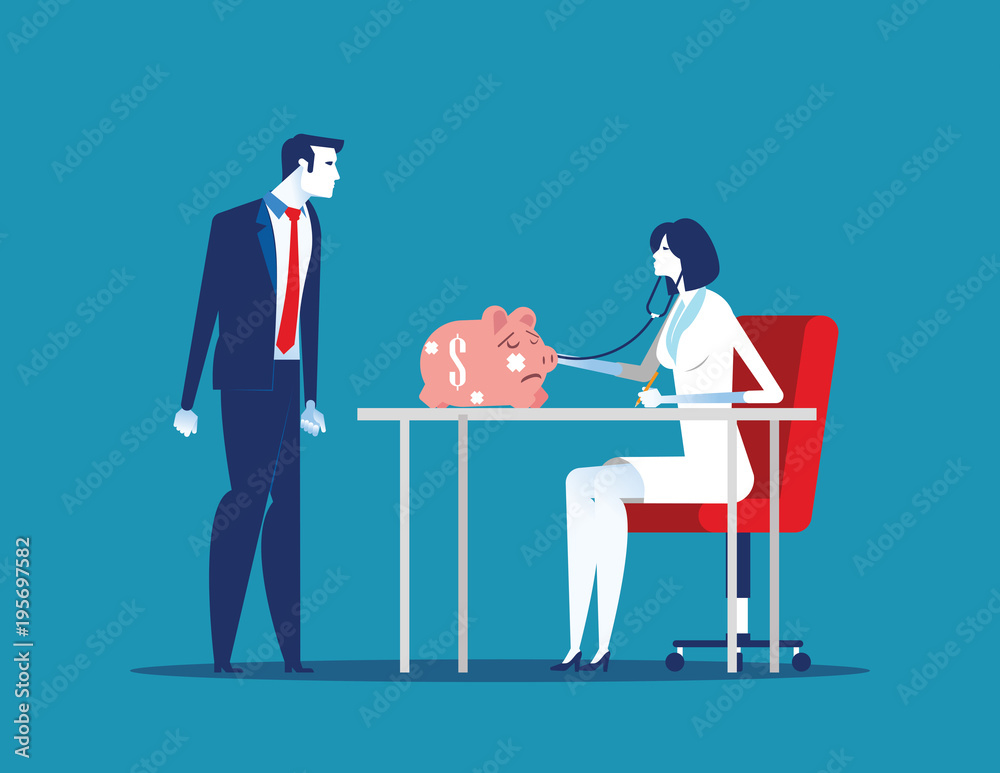 Financial Health. Business person and health check piggy bank. Concept business vector illustration.