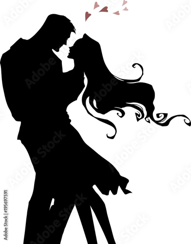 Beautiful cartoon black silhouette illustration of a young couple