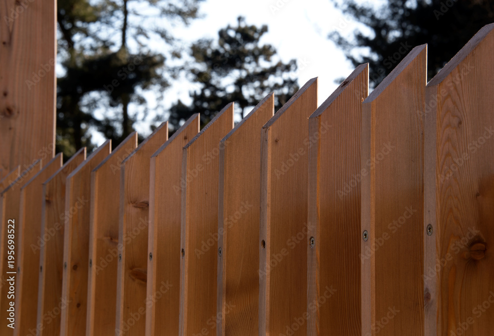 View along a stylish modern timber fence/ privacy screen, with angle cut top - fresh construction, - architectural spaced timber slats/posts
