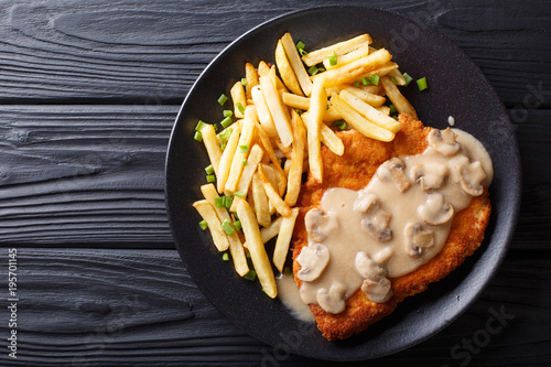 delicious Wiener Hunter schnitzel with sauce and french fries close-up. horizontal top view