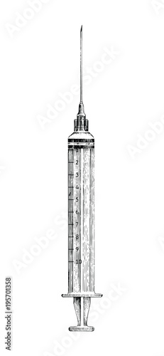 Hypodermic syringe with needle hand drawing vintage style