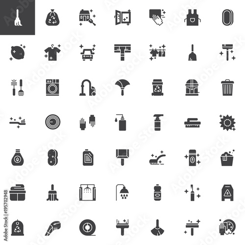 Cleaning and housekeeping vector icons set, modern solid symbol collection, filled style pictogram pack. Signs, logo illustration. Set includes icons as cleaning service, washing machine, laundry