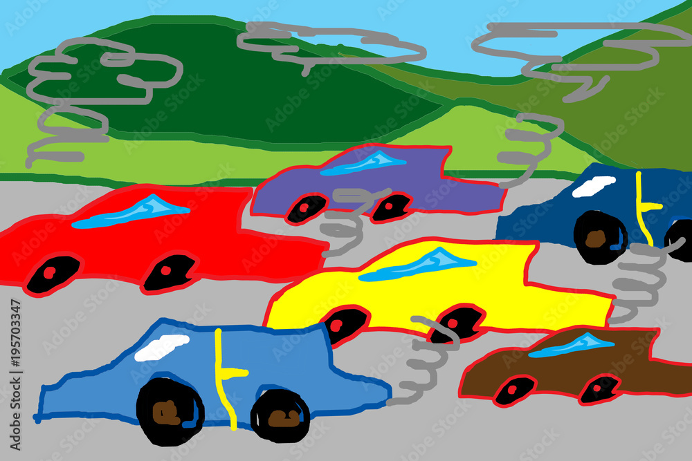Fototapeta premium children drawing polluting car on the road.