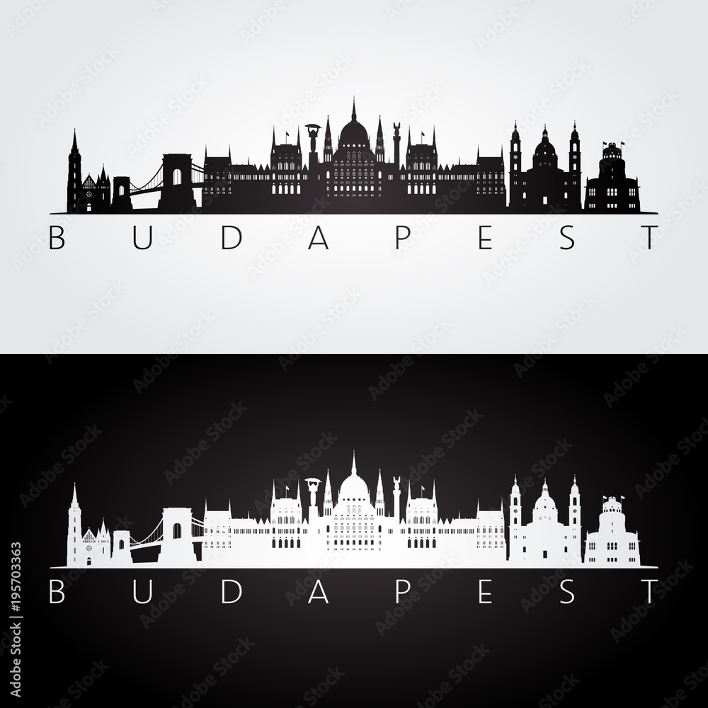 Obraz premium Panoramę Budapesztu i zabytki sylwetka, czarno-biały design, ilustracji wektorowych.
