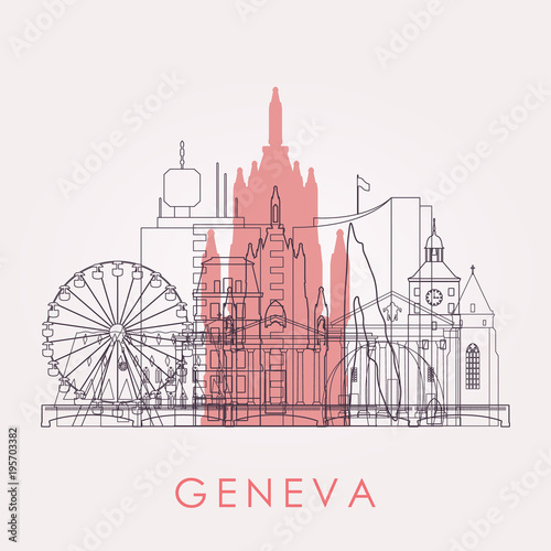 Outline Geneva skyline with landmarks. Vector illustration. Business travel and tourism concept with historic buildings. Image for presentation, banner, placard and web site.