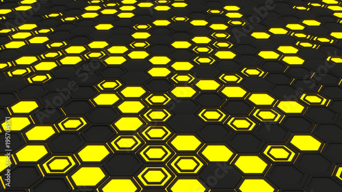 Abstract 3d background made of yellow hexagons on orange glowing background