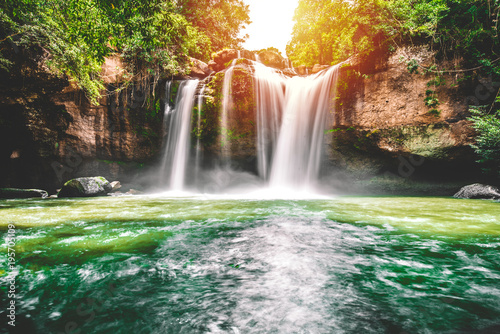 Waterfall in tropical forest Thailand leaf moving low speed shutter blur Deep forest  Thailand Motion blur of water 