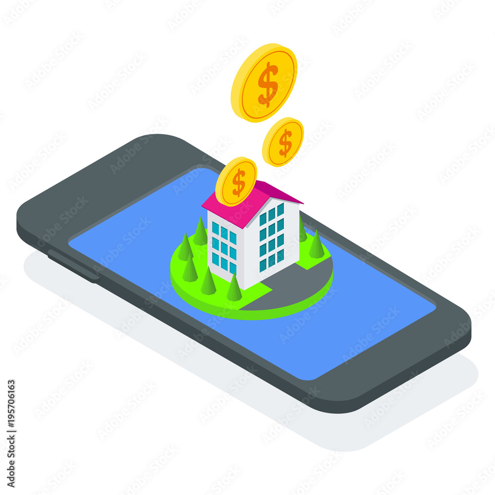 Isometric concept of buying property in mobile app. Flat vector cartoon illustration. Objects isolated on white background. Isometric concept of buying property in mobile app. Flat vector cartoon illustration. Objects isolated on white background.