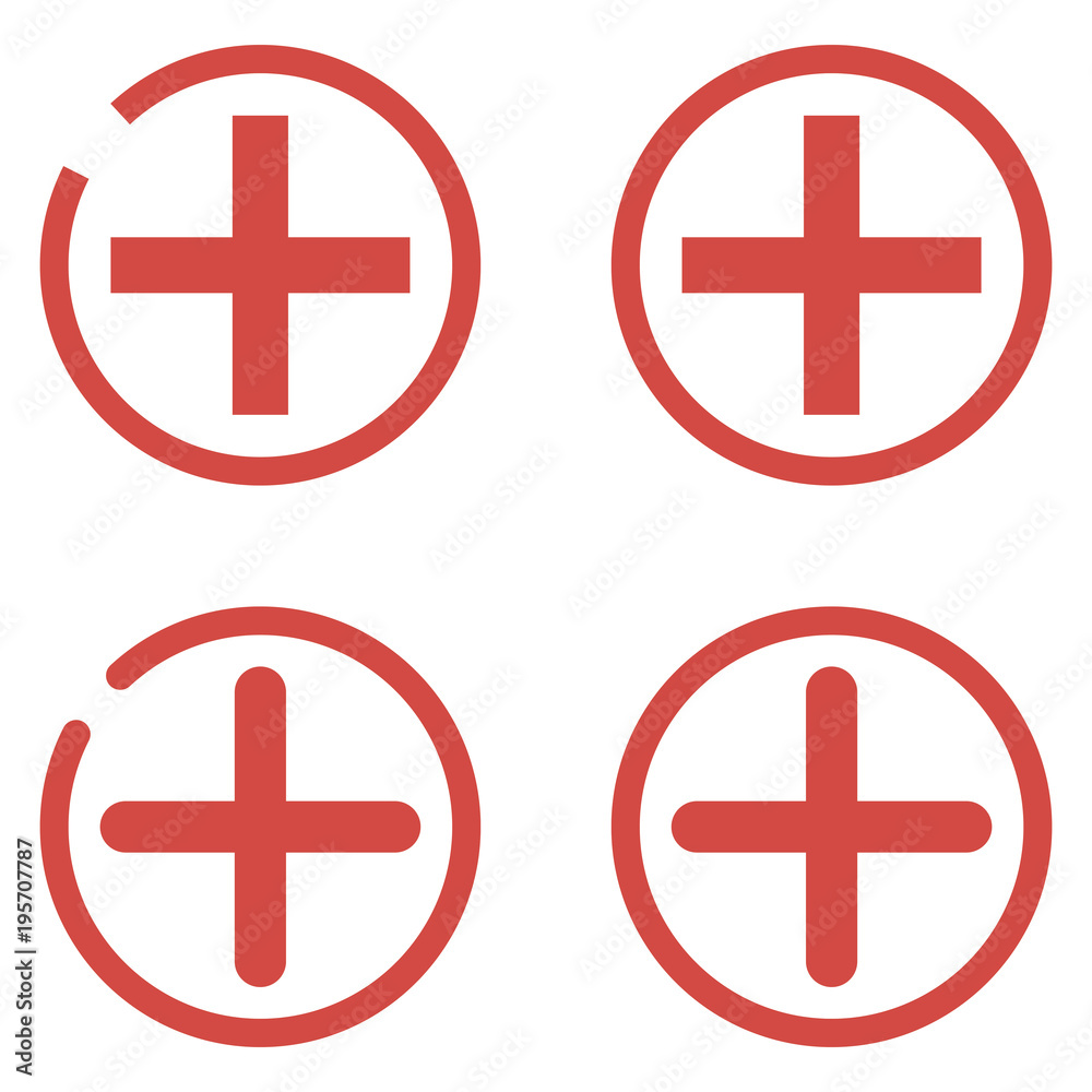 Plus icon. Add icon. Set. 4 red plus. Red and white plus button vector  icon. Stock Vector | Adobe Stock