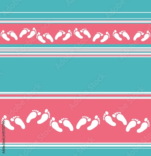 Retro colored seamless horizontal striped pattern with scattered baby feet motif