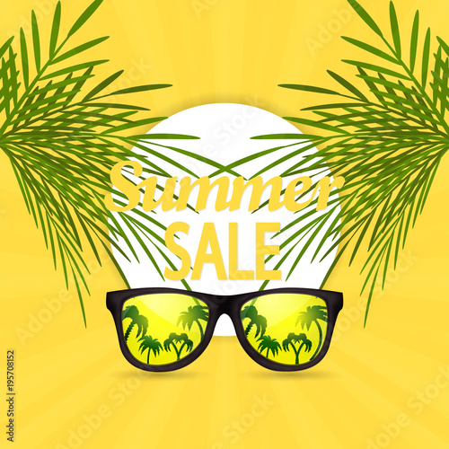 Summer sale design template with summer background with palm and frame. photo