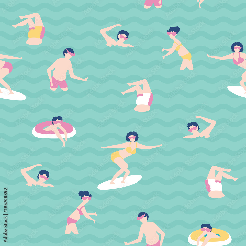 Seamless vector pattern with swimming people in scandinavian style.