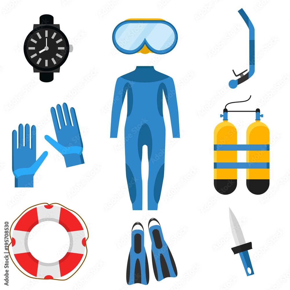 Vecteur Stock Collection of scuba diving. Diver wetsuit, scuba mask