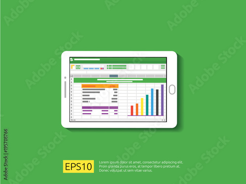 tablet with spreadsheet on screen. office things for planning and accounting, analysis, audit, project management, marketing, research vector illustration.