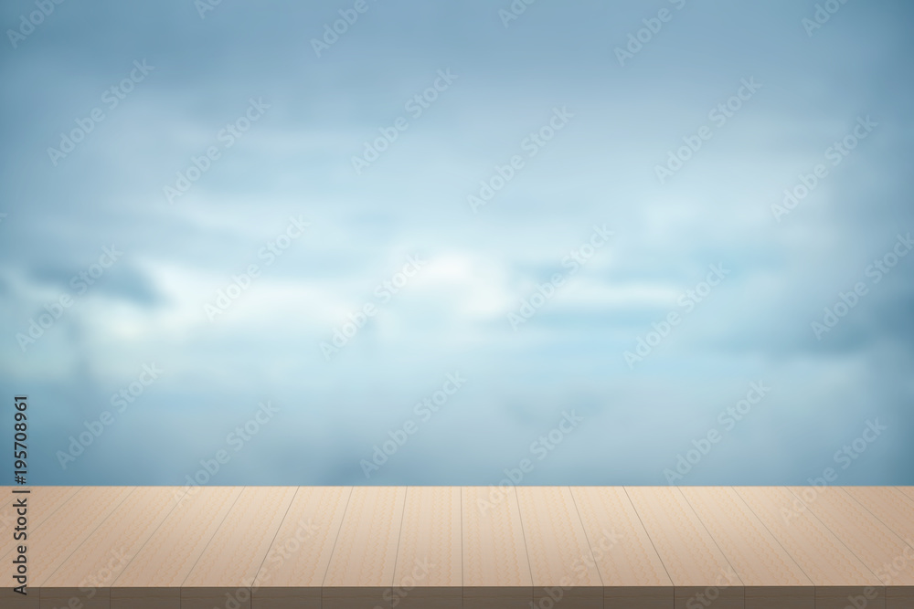 blur blue sky and cloud background with 3d rendering wooden table texture