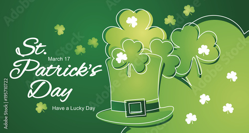 Saint Patricks Day clover hat white line art green background greeting card banner