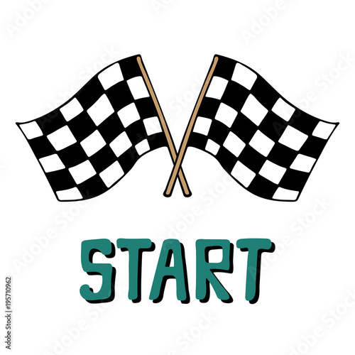 Hand-drawn vector illustration with racing flags and lettering.  Start.