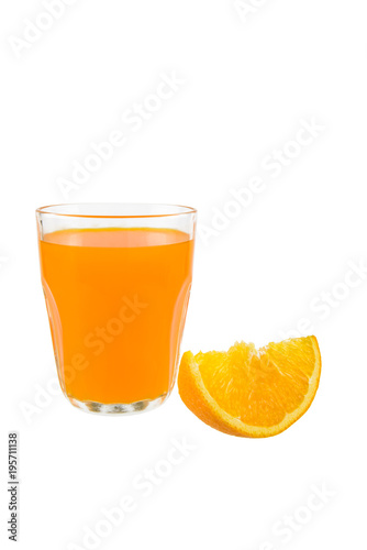 Glass of Fresh Orange Juice, Half crescent Orange Fruit on white background