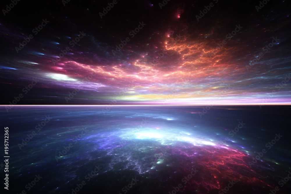 Fractal horizon, abstract render of alien sea and sky