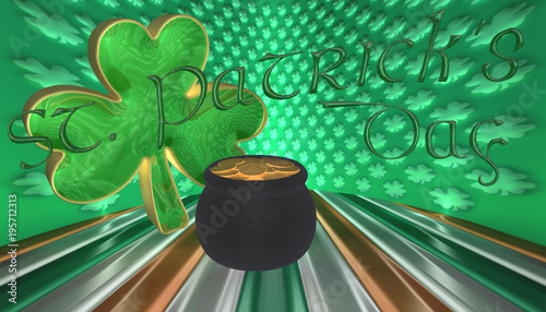3D Illustration. A clover with a pot of gold. Symbols for Saint Patricks day isolated against a flag of Ireland
