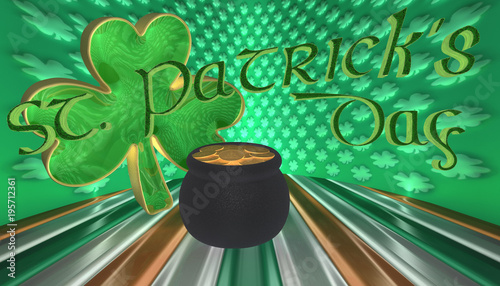 3D Illustration. A clover with a pot of gold. Symbols for Saint Patricks day isolated against a flag of Ireland