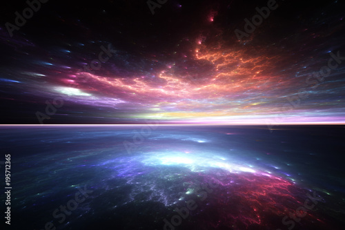 Fototapeta Naklejka Na Ścianę i Meble -  Fractal horizon, abstract render of alien sea and sky
