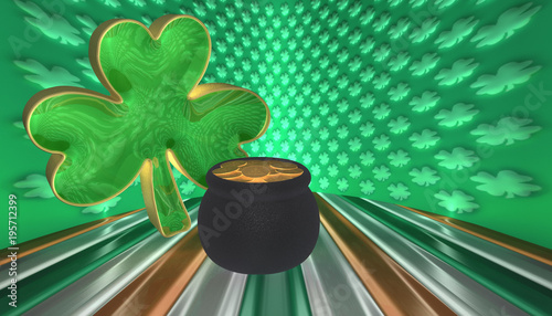 3D Illustration. A clover with a pot of gold. Symbols for Saint Patricks day isolated against a flag of Ireland
