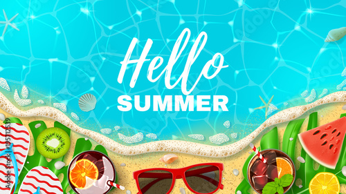 Beautiful web banner with inscription Hello Summer. Top view on Summer decoration with realistic objects on beach. Vector illustration. Concept of seasonal vacation in tropical country.