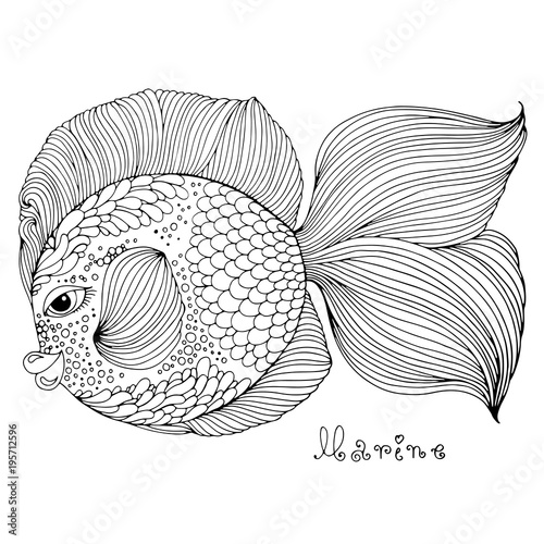 Vector hand drawn fairy fantastic sea fish. Ornamental weave fish graphic illustration tattoo. Coloring page patterned marine fish.