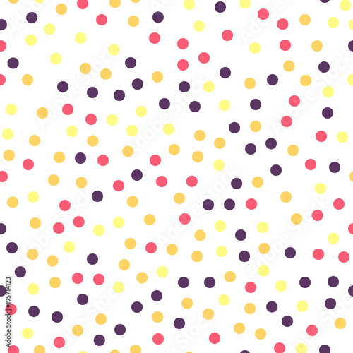 Colorful polka dots seamless pattern on black 25 background. Gorgeous classic colorful polka dots textile pattern. Seamless scattered confetti fall chaotic decor. Abstract vector illustration.