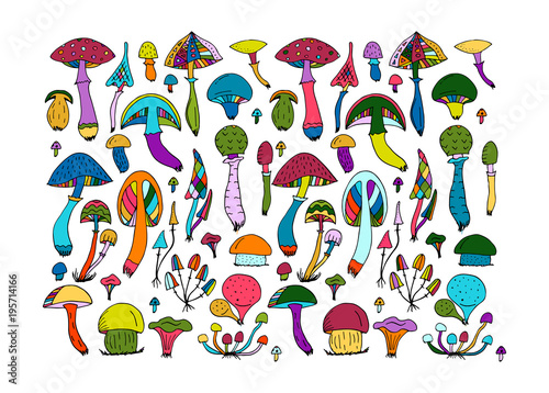 Fantastic mushrooms set, sketch for your design