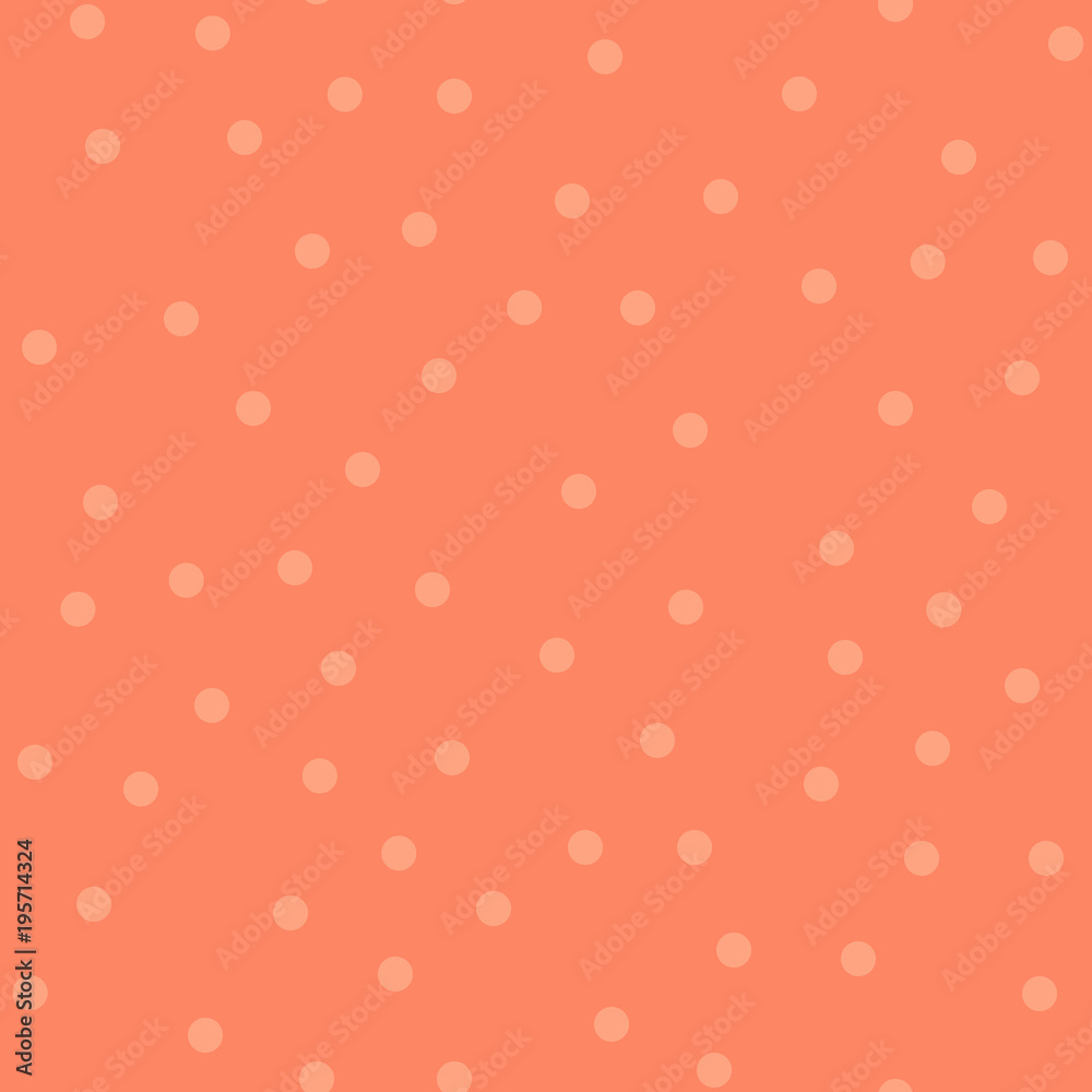 Light polka dots seamless pattern on coral background. Shapely classic light polka dots textile pattern in restrained colours. Seamless scattered confetti fall chaotic decor. Vector illustration.