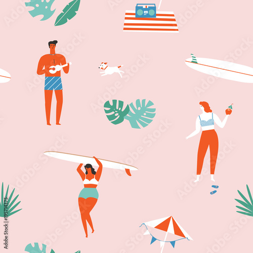 Summer time beach fun seamless pattern in vector.