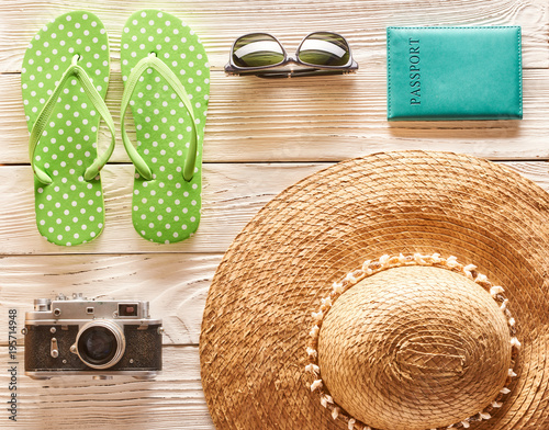 Travel and beach items flat lay