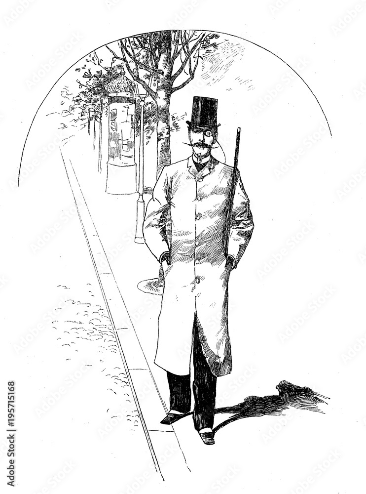 Naklejka premium Fashionable gentleman with monocle and moustache takes a walk in town, vintage caricature