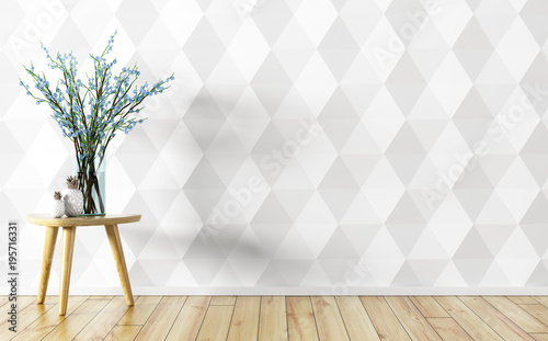 Flower vase over white paneling wall interior background 3d rendering