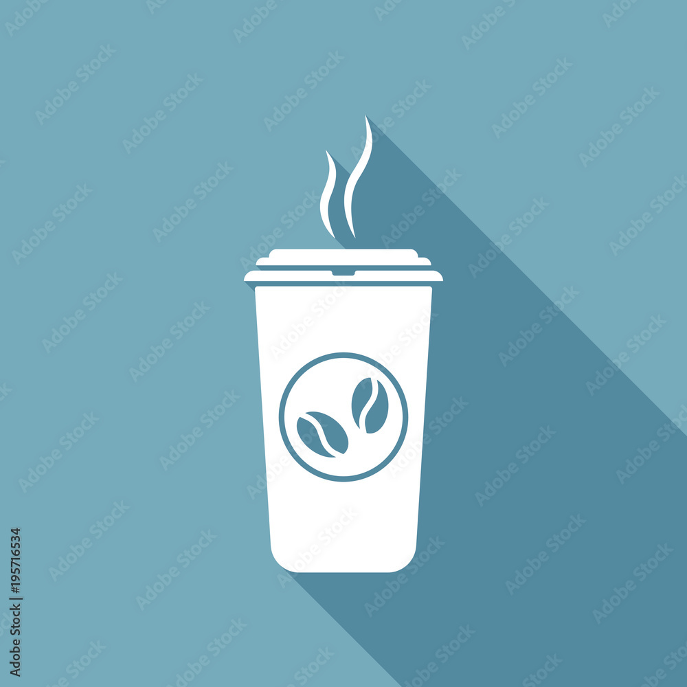 cup of hot coffee icon. White flat icon with long shadow on background cup of hot coffee icon. White flat icon with long shadow on background