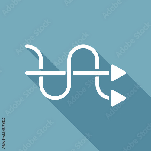crossed arrows. simple silhouette. White flat icon with long shadow on background