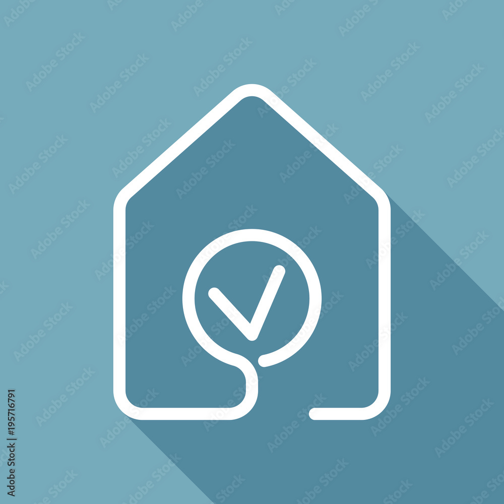 house with check mark icon. line style. White flat icon with long shadow on background house with check mark icon. line style. White flat icon with long shadow on background