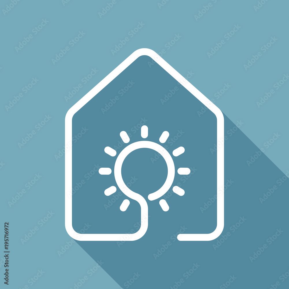 Obraz premium house with sun or light lamp icon. line style. White flat icon with long shadow on background