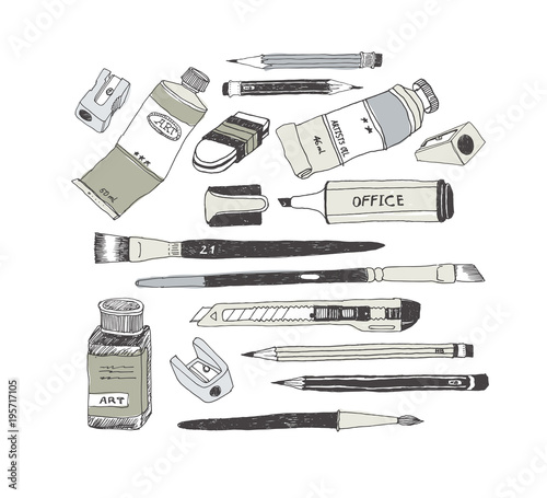 Hand drawn art tools and supplies set