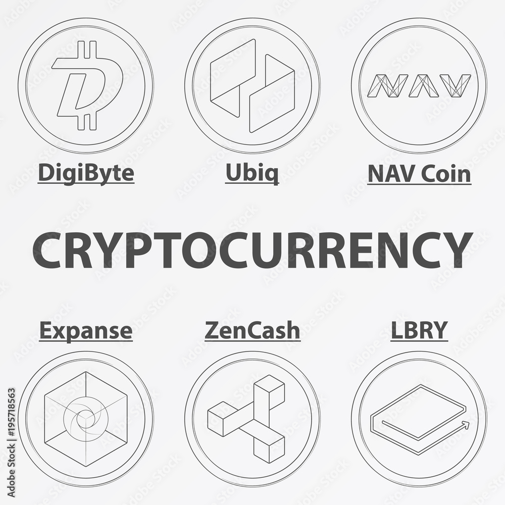 Set of 6 crypto currency lineart icon. Linear digibyte, ubiq, nav, expance, zencash and lbry coin Set of 6 crypto currency lineart icon. Linear digibyte, ubiq, nav, expance, zencash and lbry coin